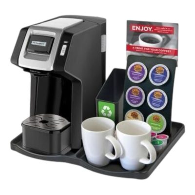 Coffee station organizer for guest rooms, featuring built-in compartments for pods, condiments, and accessories with a sleek, durable, and eco-friendly design.