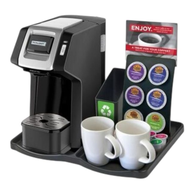 Coffee station organizer for guest rooms, featuring built-in compartments for pods, condiments, and accessories with a sleek, durable, and eco-friendly design.