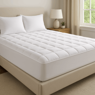 Quilted Fitted Mattress Topper with 100% cotton cover and hypoallergenic recycled fill, shown on a neatly made bed, ideal for Twin, Full, Queen, and King sizes.