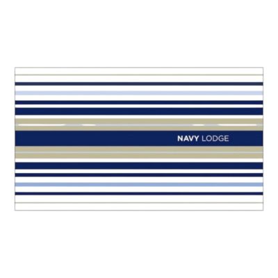 Custom stripe pool towel, 35x70 inches, made of 100% cotton with double-loop construction, shown in elegant color combination, folded and stacked in a box of 24.