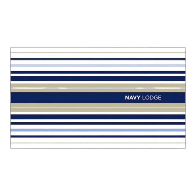 Custom stripe pool towel, 35x70 inches, made of 100% cotton with double-loop construction, shown in elegant color combination, folded and stacked in a box of 24.