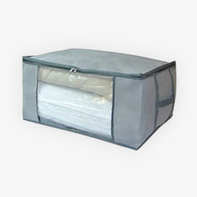 Storage Organizer Bag Zippered with dual handles, clear front window, and breathable fabric, ideal for storing blankets, comforters, and linens