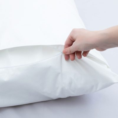 Waterproof zippered pillow protector in white – breathable, hypoallergenic cover available in Standard, Queen, and King sizes